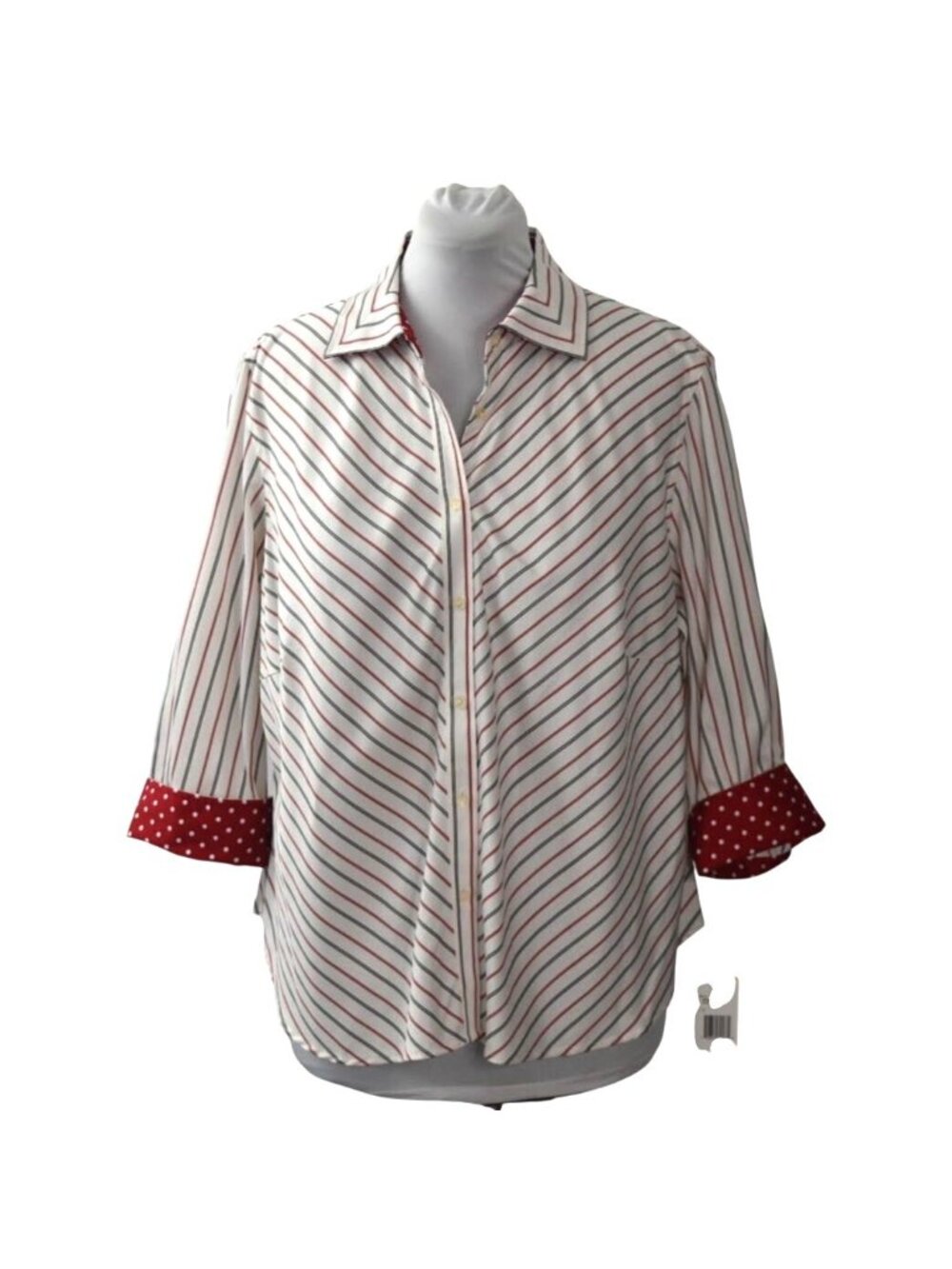 Jones New York Signature Womens Striped Shirt Red Polka Dot Cuffs Size 2X Cotton